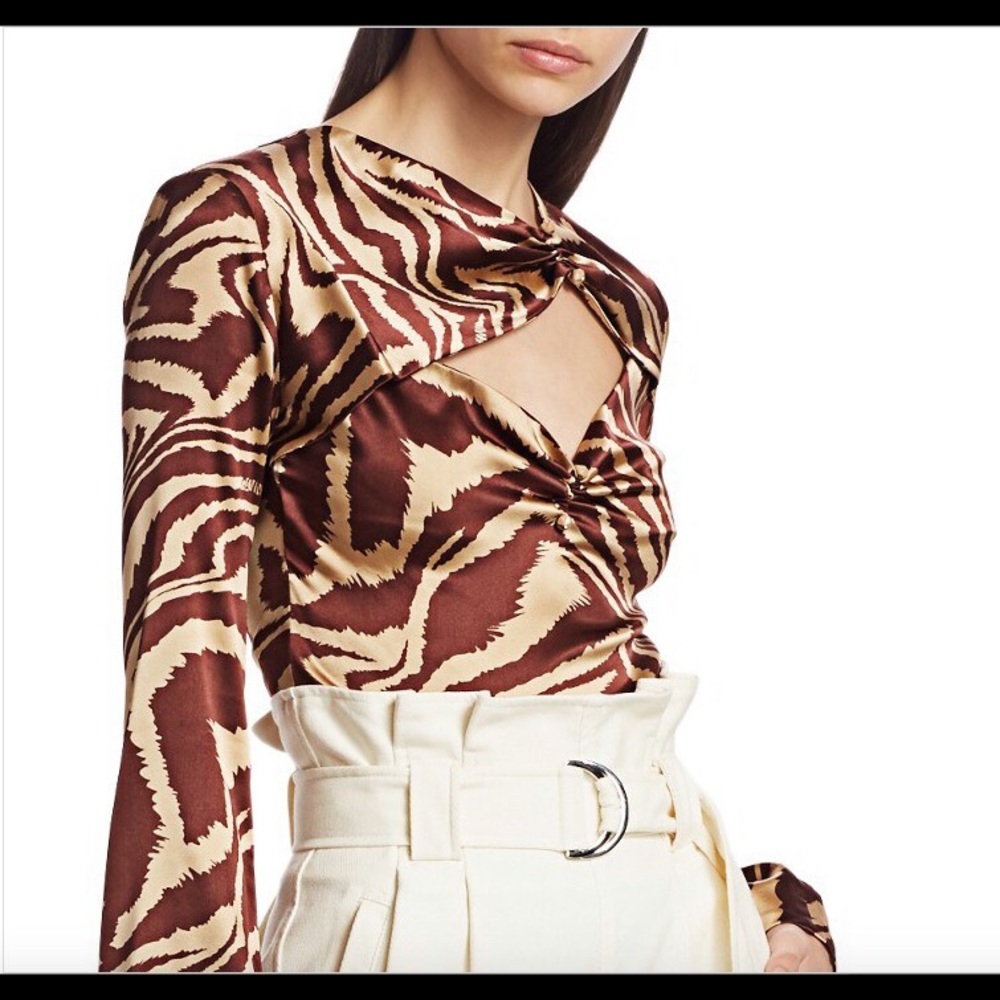 Ganni Silk Cutout Ruched Top with Brown pattern